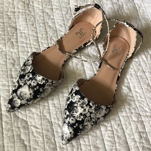 Floral flats with ankle strap, 8 1/2.
